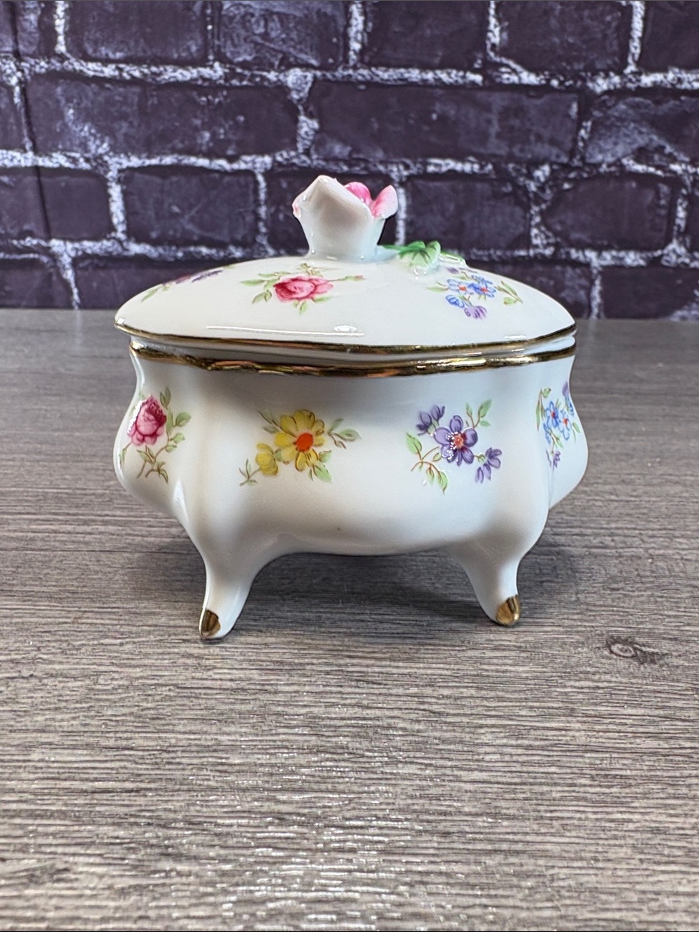 Vintage Floral Porcelain Trinket Box with Lid